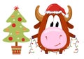 Cute bull decorates Christmas tree. Chinese new year 2021 illustration with ox holding garland decorating for christmas Royalty Free Stock Photo