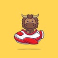 Cute bull flying on a plane. Animal cartoon concept isolated. Can used for t-shirt, greeting card, invitation card or mascot. Flat