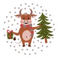 Cute bull with a gift and a Christmas tree in his hands. Cartoon character. The symbol of the New Year according to the Eastern