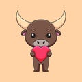 cute bull holding love hearth cartoon doodle art hand drawn concept vector kawaii icon illustration