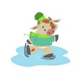 Cute bull, ox or bison skating on open air ice. 2021 chinese year of bull symbol. Cartoon hand drawn style. February vector Royalty Free Stock Photo