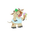Cute bull, ox or bison taking a melted ice cream. 2021 chinese year of bull symbol. Cartoon hand drawn style. Royalty Free Stock Photo