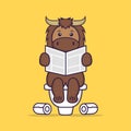 Cute bull Pooping On Toilet and read newspaper. Animal cartoon concept isolated. Can used for t-shirt, greeting card, invitation