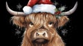 Cute bull with santa claus hat on black background. Generative AI Royalty Free Stock Photo