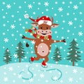 Cute bull skating on ice. Cartoon character. The symbol of the New Year. Christmas. Winter sport. Copy space. Flat