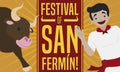 Bull and Spaniard Celebrating Festival of San Fermin, Vector Illustration