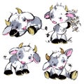 Cute bull watercolorset. Funny cartoon ox illustration.