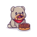 cute bulldog eating cake cartoon vector illustration. Royalty Free Stock Photo
