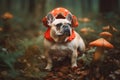 Cute bulldog pet walks in forest dressed in toadstool costume. Generate ai