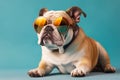 Cute bulldog, puppy dog wearing color shades sunglass eyeglass isolated on retro blue background. AI generated. Royalty Free Stock Photo