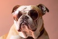 Cute bulldog, puppy dog wearing color shades sunglass eyeglass isolated on retro pink background. AI generated. Royalty Free Stock Photo