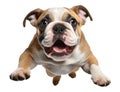 Cute bulldog puppy jumping. Playful dog cut out at background