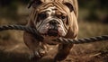 Cute bulldog puppy playing with leash in green grass outdoors generated by AI Royalty Free Stock Photo
