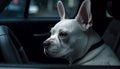 Cute bulldog puppy sitting in car, looking out window sadly generated by AI Royalty Free Stock Photo