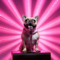 Cute bulldog sings into a microphone on stage. Pink background