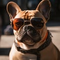 Cute bulldog wearing sunglasses on sunny day