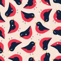 Cute bullfinch hand drawn vector illustration. Funny winter red birds in flat style Christmas seamless pattern for kids fabric. Royalty Free Stock Photo