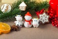 Cute bulls, snowman, ginger cookies, candles, aniseed, spruce branches, tangerine slices. Empty space for text.