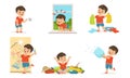 Cute Bully Boy Collection, Funny Hoodlum Little Kid in Different Situations, Bad Child Behavior Vector Illustration