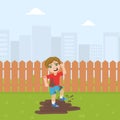 Cute Bully Boy Jumping in Dirt, Bad Behavior Vector Illustration