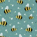 Cute bumblebees and white flowers seamless pattern on green background Royalty Free Stock Photo