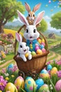 The cute bunnies in a basket with the easter eggs, at a whimsical field of flowers, tree, grass, farm house, cartoon, rabbit Royalty Free Stock Photo