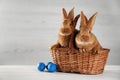 Cute bunnies, basket and Easter eggs on white table. Space for text