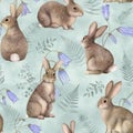 Cute bunnies and bellflowers seamless pattern. Watercolor forest animals background. Rabbits illustration. Woodland fantasy kids