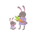 Cute bunnies characters mother and little baby. Happy rabbit family portrait. Humanized forest animals in human clothes Royalty Free Stock Photo