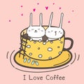 Cute Bunnies In The Cup. I love Coffee. Royalty Free Stock Photo