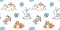 Cute bunnies Easter vector pattern with eggs. One continuous line art drawing pattern. Cute bunnies background, texture