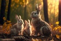 Cute bunnies family in a forest. Generative AI