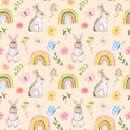 Cute bunnies, flowers and rainbows seamless pattern. Watercolor hand-painted print. Easter background