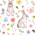 Cute bunnies, flowers and rainbows seamless pattern. Watercolor hand-painted print. Easter background Royalty Free Stock Photo