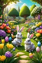 The cute bunnies with hidden easter eggs in a lush garden, with beautiful blooming flowers and tree, cartoon style, animal