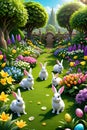 The cute bunnies with hidden easter eggs, in a lush garden with beautiful blooming flowers, tree, joyfull, excitement, cartoon