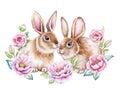 Cute bunnies, rabbit, Easter, in a floral frame, ring isolated on a white background. Peonies Royalty Free Stock Photo