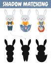 Cute bunnies, rabbits shadow matching activity for children. Happy Easter. Find the correct silhouette printable