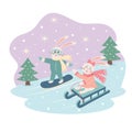 Cute bunnies in warm clothes sledding and snowboarding. Winter greeting card.