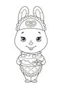 Cute bunny baker with cake coloring page. Black and white cartoon illustration