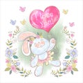 Cute Bunny with a balloon in the form of a heat. Valentine. I love you. Vector. Watercolor. Royalty Free Stock Photo