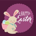 Cute bunny with basket on his back with eggs happy easter label Royalty Free Stock Photo