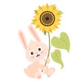 Cute bunny with big yellow sunflower flower. Vector illustration. Funny character - rabbit for childrens collection Royalty Free Stock Photo