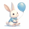 Cute bunny boy concept. Beautiful rabbit in blue t shirt sits with blue balloon. Design element for printing on fabric