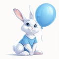 Cute bunny boy concept. Beautiful rabbit in blue t shirt sits with blue balloon. Design element for printing on fabric