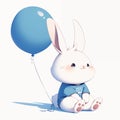 Cute bunny boy concept. Beautiful rabbit in blue t shirt sits with blue balloon. Design element for printing on fabric