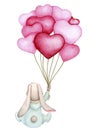 Cute bunny with a bunch of heart-shaped balloons. Hand drawn watercolor. Baby shower, Mother\'s day, Royalty Free Stock Photo