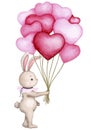 Cute bunny with a bunch of heart-shaped balloons. Hand drawn watercolor. Baby shower, Mother\'s day Royalty Free Stock Photo