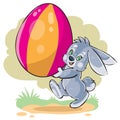 Cute bunny carries a big Easter egg painted in different colors,