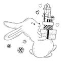 Cute bunny carries gifts and boxes.. Vector illustration. Greeting card in linear doodle style. Funny animal for design